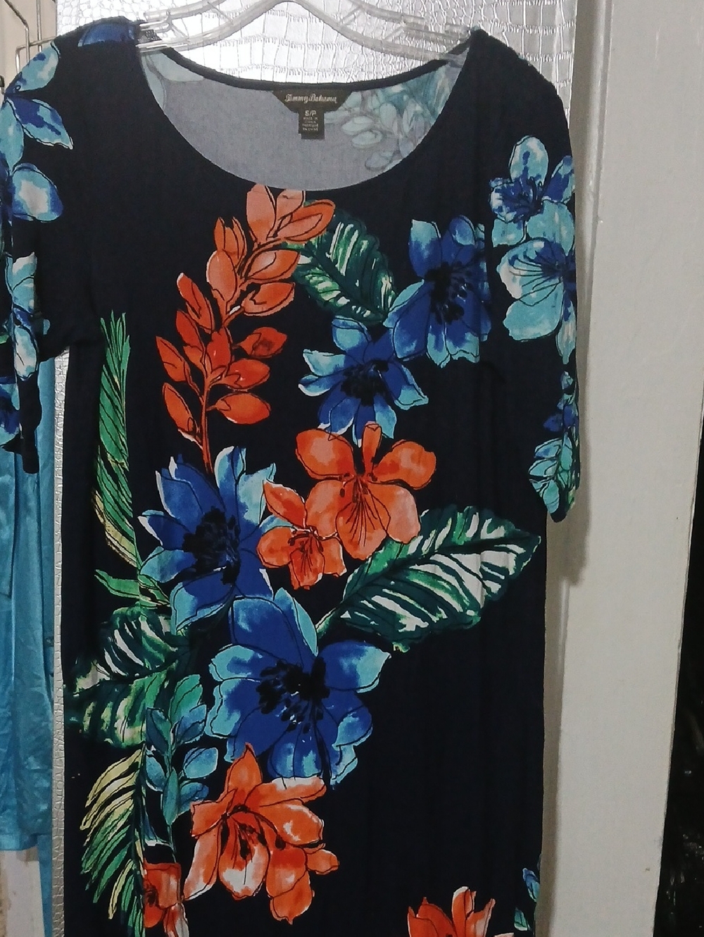 Tommy Bahama Black Dress with Blue & Orange Tropical Blooms